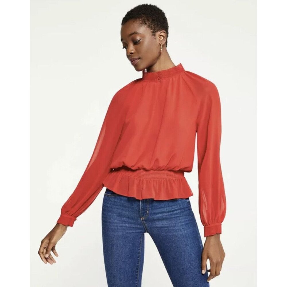 NWT Women's Ann Taylor L/S Pleated Smocked Waist Blouse Top Candy Red Sz XL